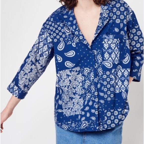 Grace & Mila Espinosa Blouse Size S Blue Print Top Cotton - Picture 3 of 12